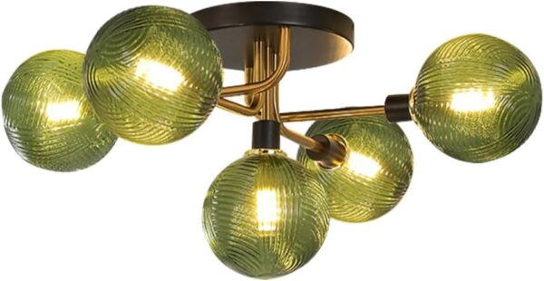 Glass Flush Mount Ceiling Lamps 5-Light Sputnik Chandelier Lighting with Green Glass Globe Shade, Black Gold Vintage Ceiling Light Fixtures for Bedroom Living Dining Room (Green)