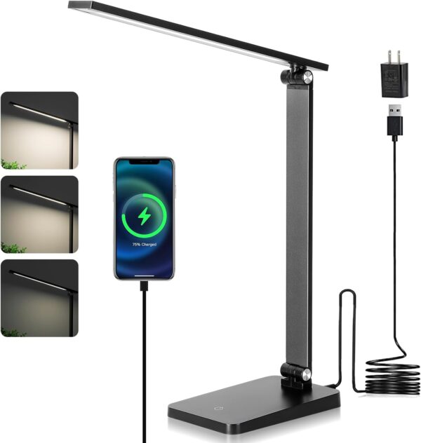 LED Desk Lamp for Home Office, 3 Levels Dimmable Desk Light with USB Charging Port, Small Study Lamp, Reading Light for Table, Black, 5000K