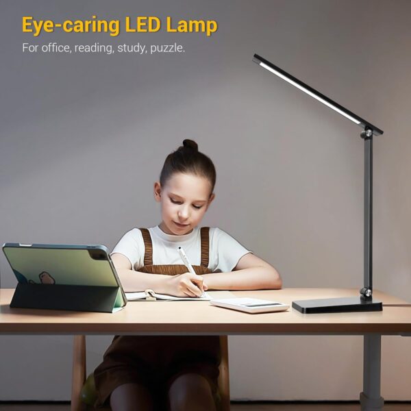 LED Desk Lamp for Home Office, 3 Levels Dimmable Desk Light with USB Charging Port, Small Study Lamp, Reading Light for Table, Black, 5000K