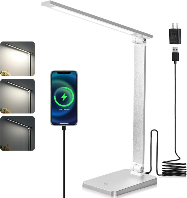 LED Desk Lamp for Home Office, 3 Levels Dimmable Desk Light with USB Charging Port, Small Study Lamp, Reading Light for Table, Black, 5000K