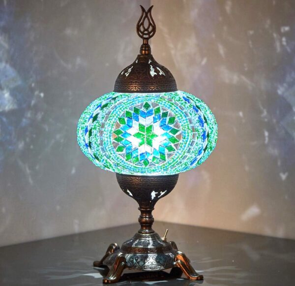 (15 Colors) Battery Operated Mosaic Table Lamp with Built-in LED Bulb, Turkish Moroccan Handmade Mosaic Table Desk Bedside Mood Accent Night Lamp Light Lampshade with LED Bulb,No Cord (Teal)