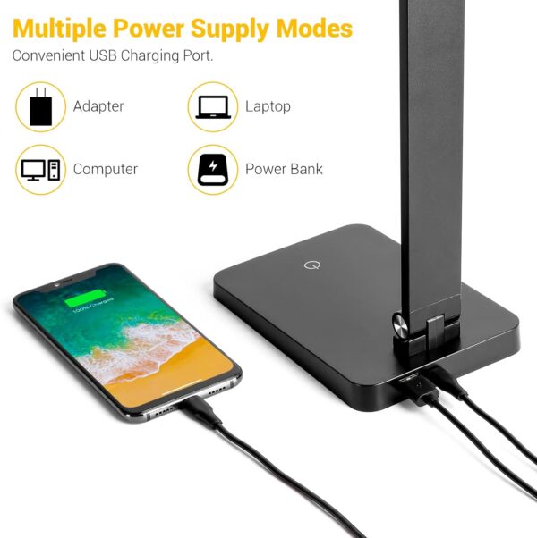 LED Desk Lamp for Home Office, 3 Levels Dimmable Desk Light with USB Charging Port, Small Study Lamp, Reading Light for Table, Black, 5000K