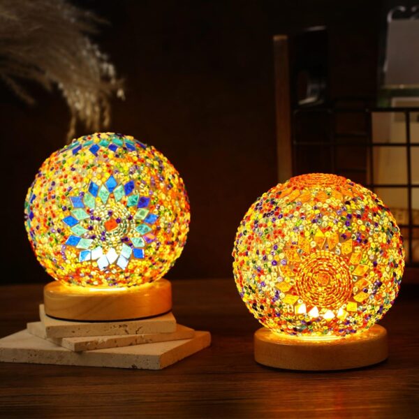 2 Pcs Turkish Table Lamp Turkish Moroccan Lamp Bohemian Style Lamp Mosaic Glass Lamps with Wooden Base for Living Room Bedroom Decorations USB Power Supply, 2 Colors