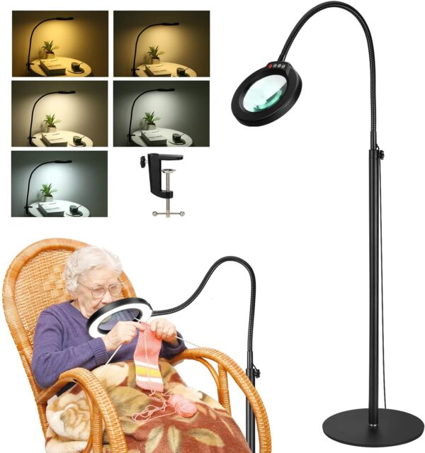 5X Magnifying Glass with Light and Stand, Krstlv 24" Flexible Gooseneck Magnifying Floor Lamp, 3-in-1 LED 5 Color Modes Stepless Dimmable Lighted Magnifier Hands Free for Close Work, Hobby, Esthetican