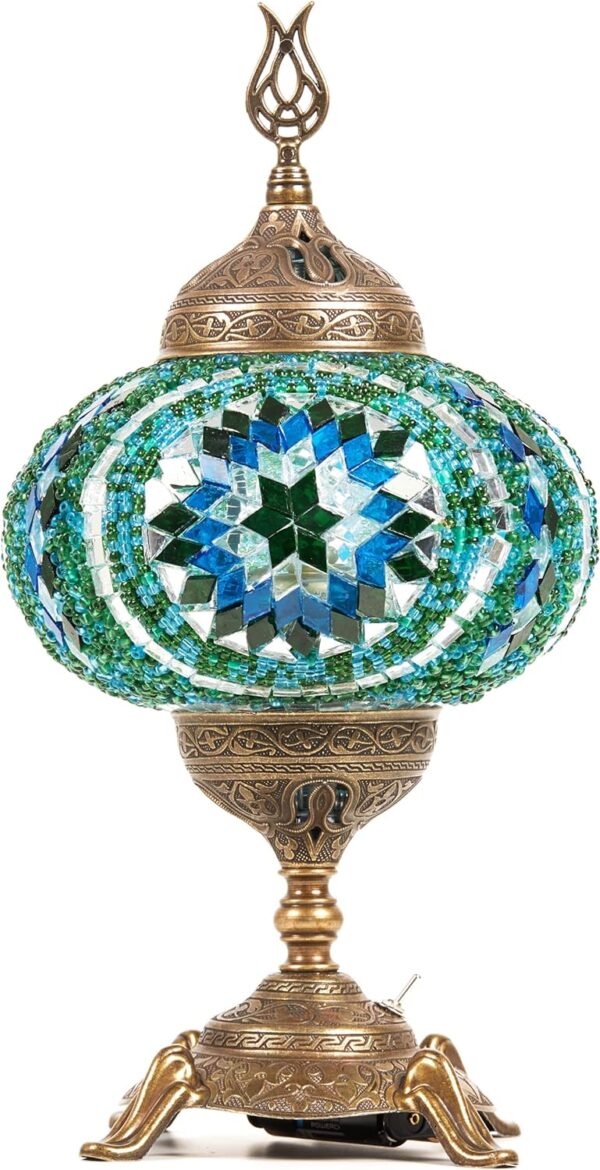 (15 Colors) Battery Operated Mosaic Table Lamp with Built-in LED Bulb, Turkish Moroccan Handmade Mosaic Table Desk Bedside Mood Accent Night Lamp Light Lampshade with LED Bulb,No Cord (Teal)