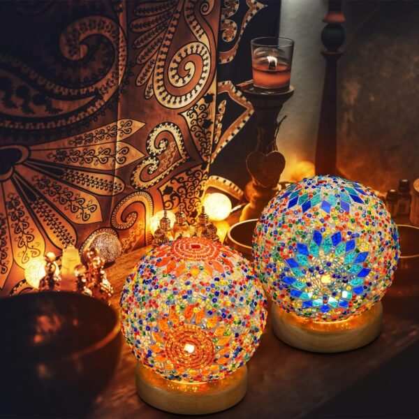 2 Pcs Turkish Table Lamp Turkish Moroccan Lamp Bohemian Style Lamp Mosaic Glass Lamps with Wooden Base for Living Room Bedroom Decorations USB Power Supply, 2 Colors