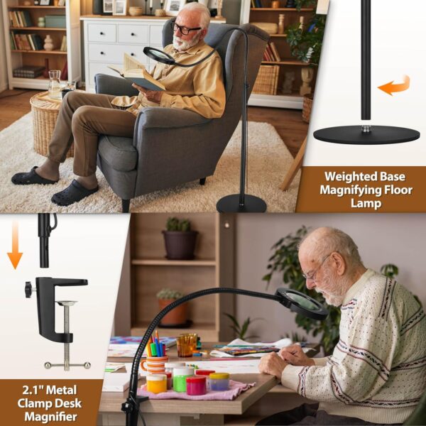 5X Magnifying Glass with Light and Stand, Krstlv 24" Flexible Gooseneck Magnifying Floor Lamp, 3-in-1 LED 5 Color Modes Stepless Dimmable Lighted Magnifier Hands Free for Close Work, Hobby, Esthetican