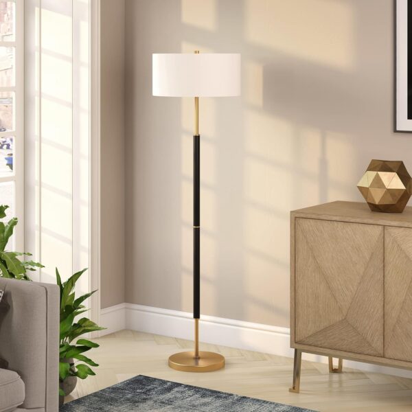 2-Light Floor Lamp with Fabric Shade in Matte Black/Brass/White, Floor Lamp for Home Office, Bedroom, Living Room, 61" Tall