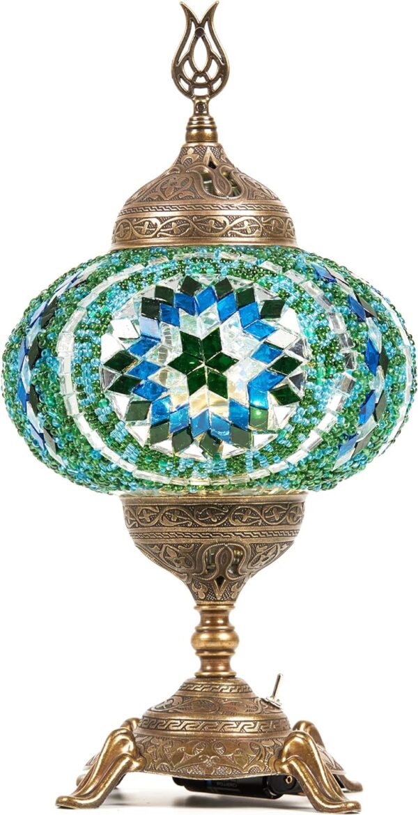 (15 Colors) Battery Operated Mosaic Table Lamp with Built-in LED Bulb, Turkish Moroccan Handmade Mosaic Table Desk Bedside Mood Accent Night Lamp Light Lampshade with LED Bulb,No Cord (Teal)